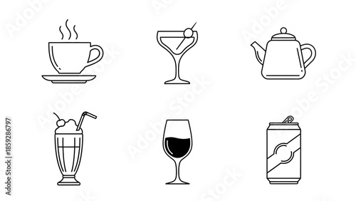 Set of beverages icons cup cocktail teapot milkshake wine glass and can