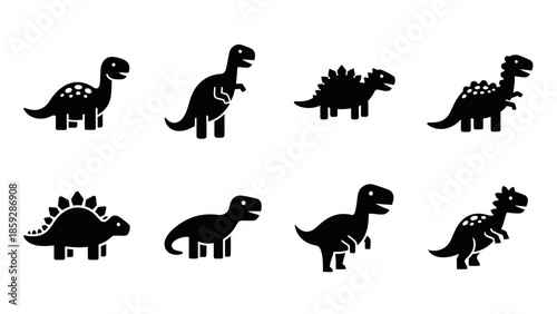 Set of black dinosaur silhouettes diverse poses for design and education