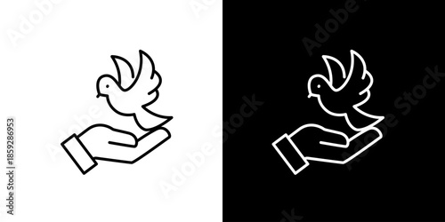 Single icon of hand holding a dove, symbol of peace and hope on black and white backgrounds