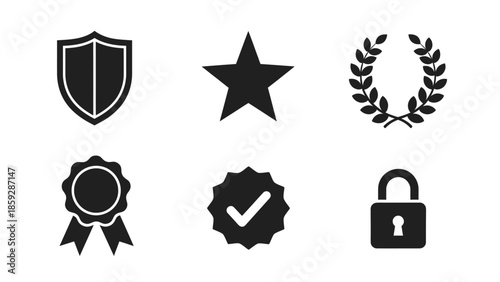 Set of black icon illustrations shield star laurel wreath seal checkmark and lock