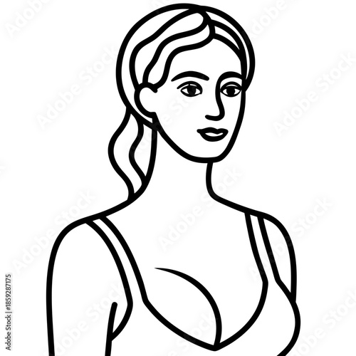 a simple black and white line drawing depicts the upper body of a woman with long flowing hair and a gentle expression high quality professional detailed
