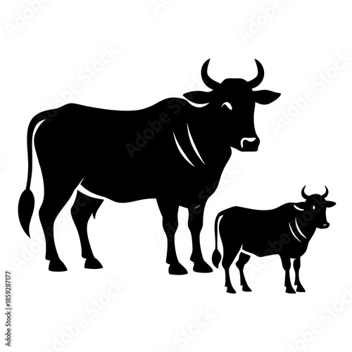 a simple black and white illustration depicts an adult cow standing protectively near its smaller calf showcasing a familial bond high quality professional detailed modern elegant