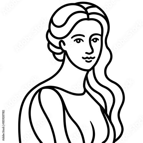 a minimalist depiction of a woman s face and upper torso featuring flowing hair and a serene expression rendered in black and white lines high quality professional