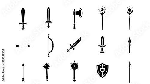 Set of black weapon icons swords axes bows arrows and other armaments