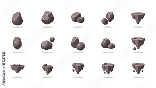 Set of cartoonish stones and floating islands for game design elements