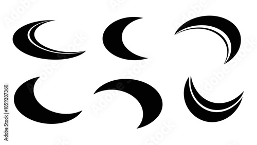 Set of crescent moon silhouettes symbolic celestial elements on white