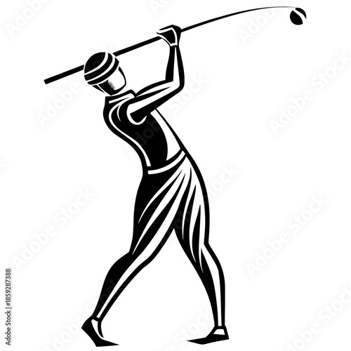 a stylized black and white illustration depicts a golfer in mid swing poised to strike the golf ball with focused energy high quality professional detailed modern