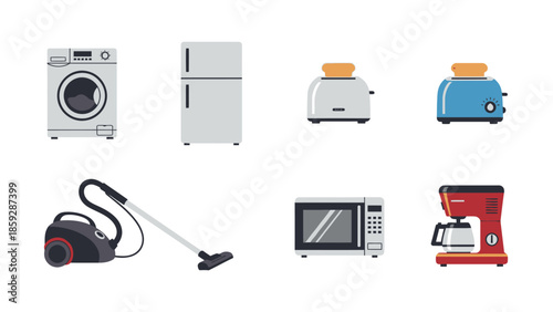 Set of household appliances washing machine refrigerator toaster and more