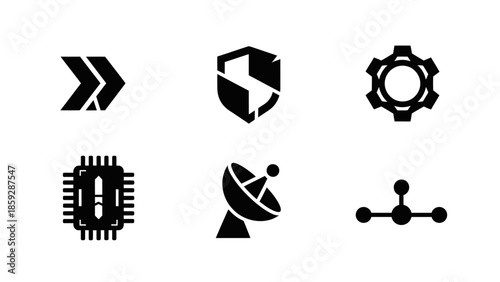 Set of various black icons on white background representing technology concepts