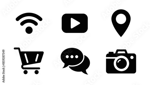 Set of various black icons depicting common digital and online concepts