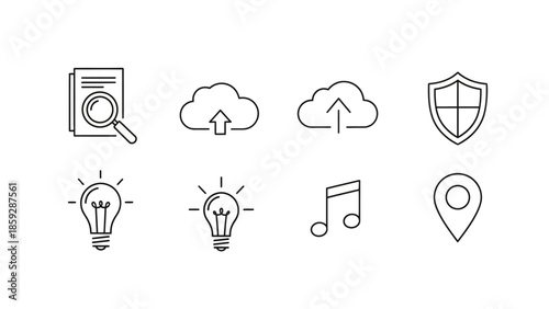 Set of various line art icons representing data ideas security and location