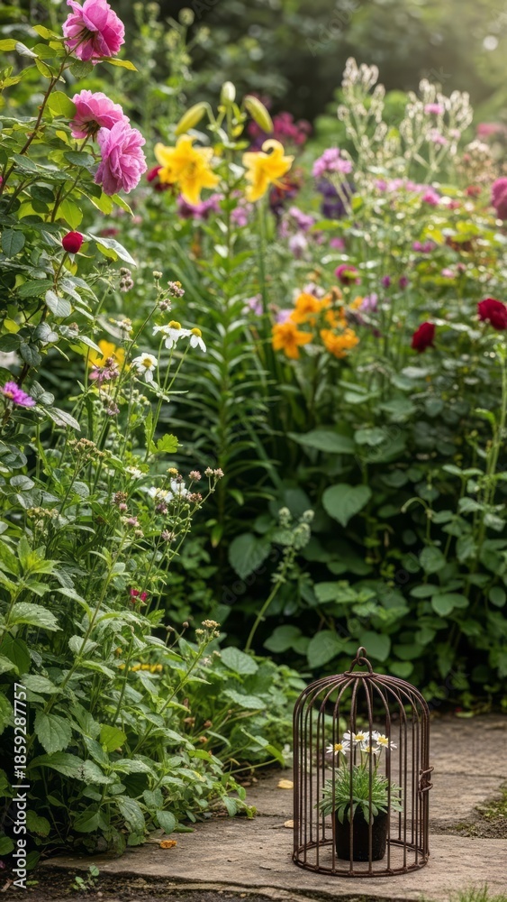 Fototapeta premium Colorful Garden with Flower Cage Flowers Nature Outdoor. Concept featuring garden, flowers, cage, nature, outdoor.