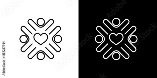 Single icon of abstract people forming a circle around a heart, symbolizing unity, love, and community support