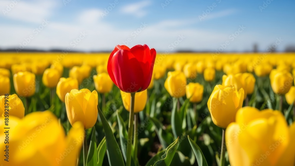 Fototapeta premium Vibrant Red Tulip Among Yellow Flowers Yellow Tulips Field Nature. Concept featuring tulip, flowers, red tulip, yellow tulips, field.