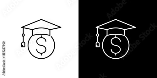 Graduation cap with dollar coin line icon. Symbolizing educational finance, student loans, scholarships, and the investment in academic success and future