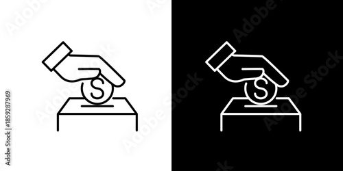 Single icon of hand dropping coin into a donation box or piggy bank for savings or charity concepts