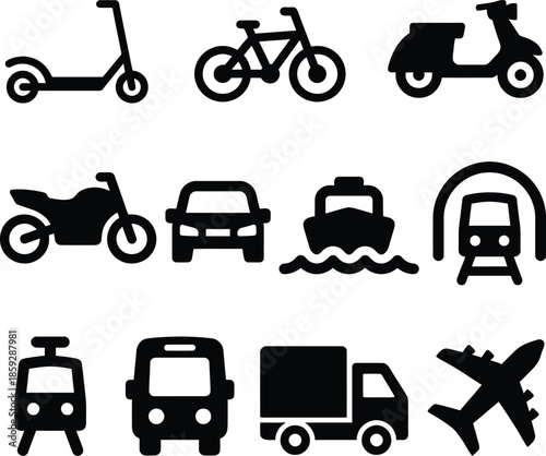 Collection of various transportation icons including a scooter, bicycle, and airplane