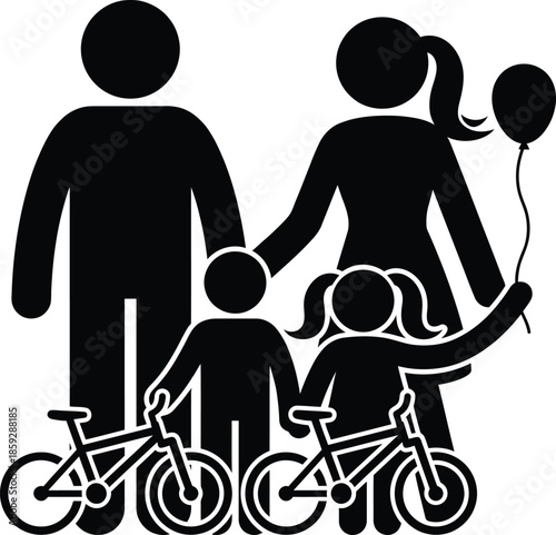Family outing with bicycles and a balloon, black and white illustration