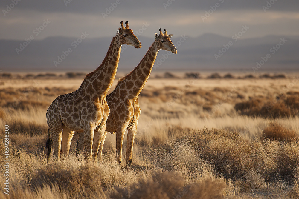 Obraz premium Two giraffe standing in dry savanna field with golden light and distant mountains, showcasing natural wildlife beauty and peaceful animal behavior in open grassland habitat