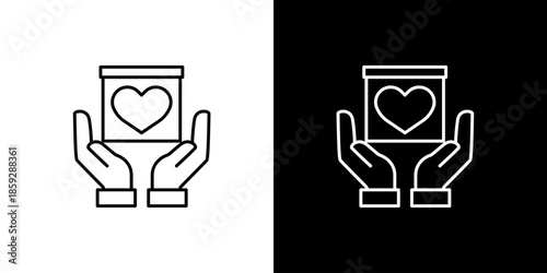 Single icon of hands holding a donation box with a heart symbol, representing charity and giving