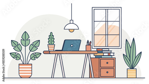 Cozy home office with laptop and plants on wooden desk