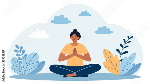 Woman meditating peacefully in serene natural setting with plants