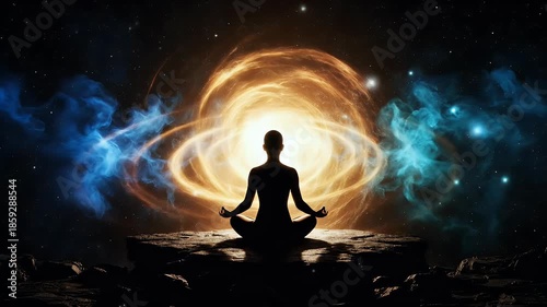 A silhouette in deep meditation against a luminous cosmic vortex, embodying profound spiritual connection and universal peace
