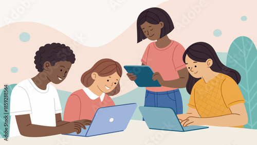 Diverse group of students using laptops and tablet together