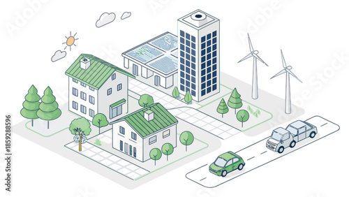 Eco friendly neighborhood with green buildings and renewable energy sources