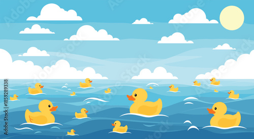 Group of yellow rubber ducks floating on stylized blue ocean waves under a bright sun and white clouds in the sky.