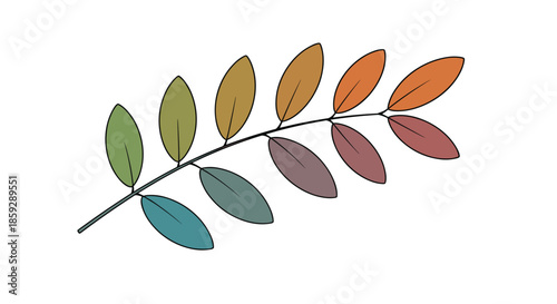 Single autumn branch with leaves changing colors from green and yellow to orange and deep red against a white space.