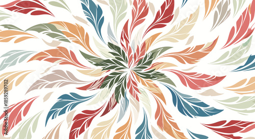 Vibrant abstract circular mandala pattern composed of multi colored feather shapes radiating from the center core.