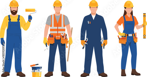Construction workers illustration, diverse professional builders wearing safety helmets, workwear, and using tools for industrial engineering, renovation, maintenance, and modern workplace 