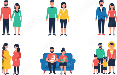 Modern family illustration, diverse couples parents children relationships, flat vector people set, happy families lifestyle, parenting love care concept, isolated white background design