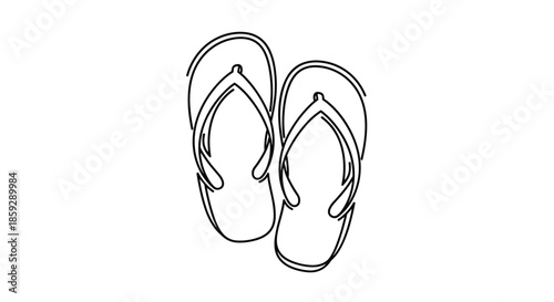 Minimalist line art drawing of a pair of flip flops or sandals seen from above on a clean white background for summer.