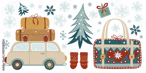 Vintage car packed for winter holiday road trip with luggage and gifts