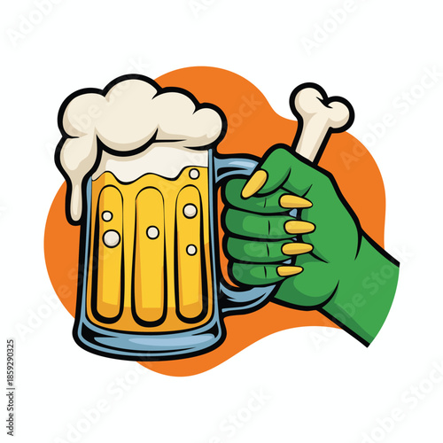 Cartoon beer mug clutched by green hand in frothy clinking celebration.