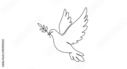 Continuous line drawing of a peaceful white dove flying while carrying a small olive branch in its beak for peace.