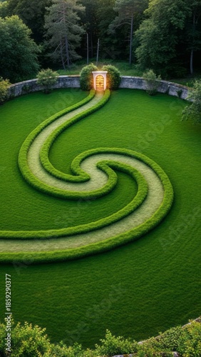 Elegant Spiral Garden Pathway Landscape Nature Greenery. Concept featuring garden, landscape, pathway, spiral, nature.