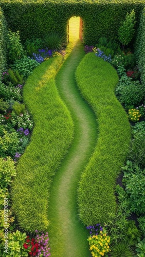 Lush Garden Pathway Leading to a Door Flowers Greenery Wooden Door. Concept featuring garden, pathway, flowers, greenery, wooden door.