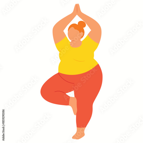Minimal Flat Vector Illustration of a Happy Plus Size Woman Practicing Yoga, Body Positivity Self Care and Confidence Concept  stigma on White Background