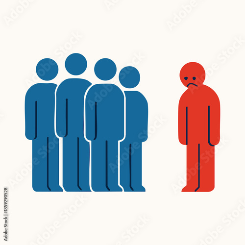 Minimal Flat Vector Illustration of Social Exclusion and Discrimination, Red Figure Isolated from a Blue Group, Corporate Bullying and Stigma Concept