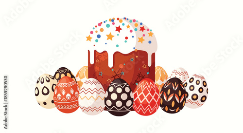 Traditional easter cake with white icing and sprinkles surrounded by many decorated eggs with different patterns.