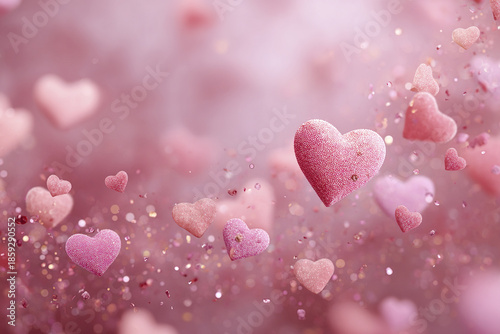 Pink heart shapes float gently in soft pastel background filled with sparkling light particles, creating romantic and dreamy atmosphere perfect for love themed designs