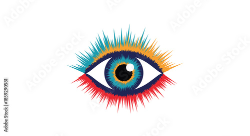 Vibrant and colorful artistic eye illustration with long lashes and rainbow colors radiating from the blue iris.