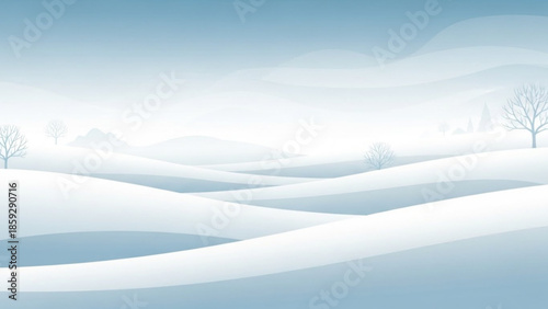 A serene winter landscape with snow-covered rolling hills and bare trees under a clear blue sky