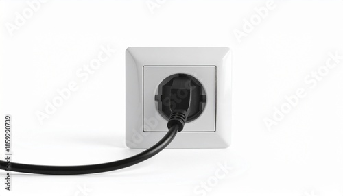 European-style electrical wall socket with black Type F plug inserted into white wall plate
