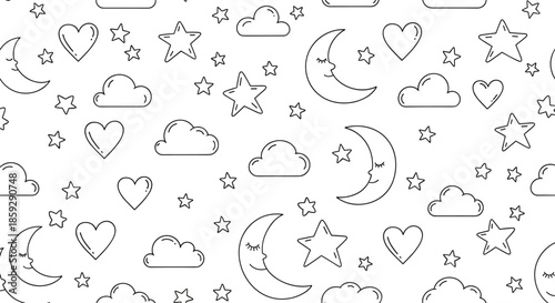 A charming and whimsical seamless pattern featuring outline illustrations of moons, hearts, stars, and clouds, perfect for children's designs and creative projects.