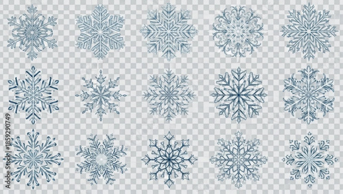 Collection of blue snowflakes on a transparent background