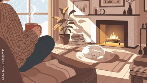 A person relaxing in a cozy living room with a warm fireplace and a cup of coffee on a cold winter day